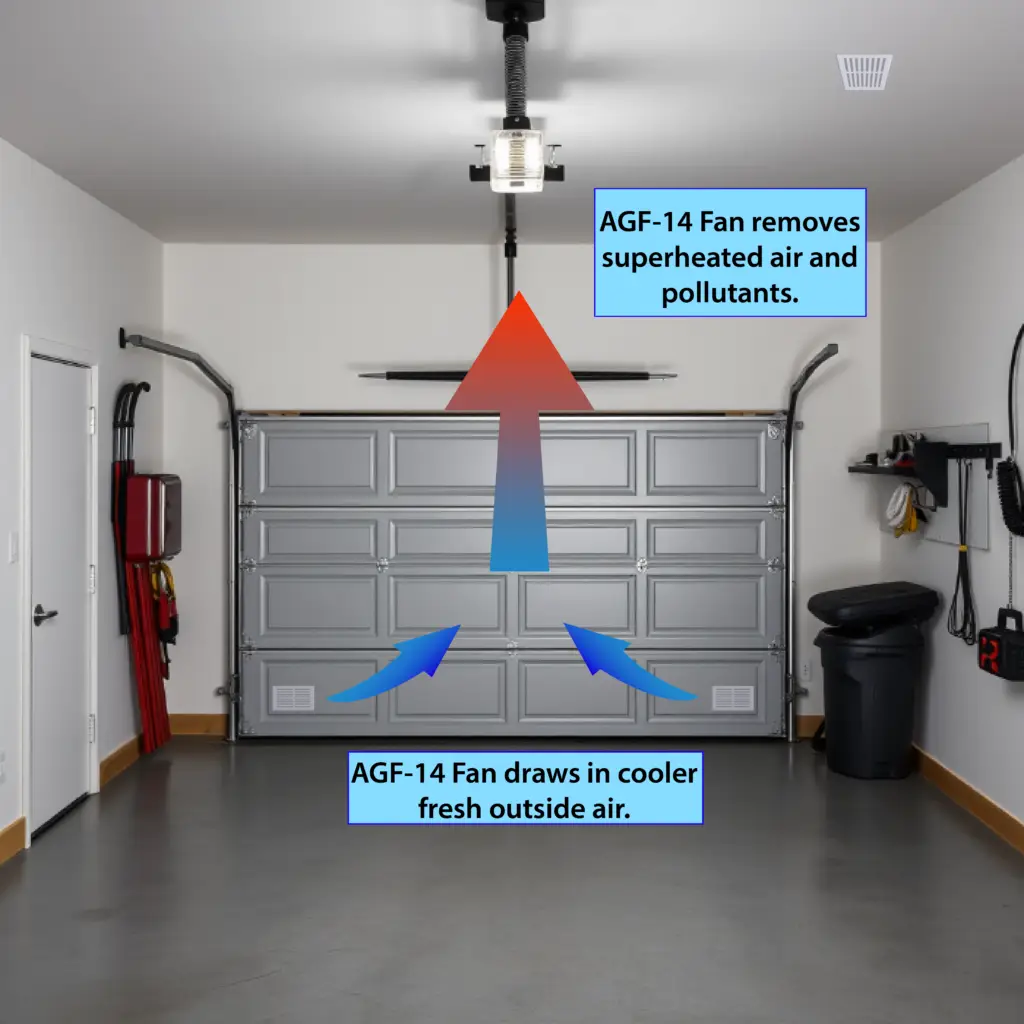 Diagram showing how the CMG AGF-14 garage ventilation fan pulls cooler outside air into the garage through lower intake vents and removes superheated air and pollutants upward through the ceiling into the attic ventilation system.