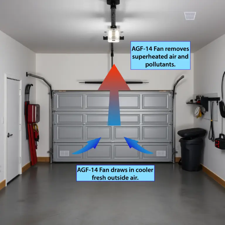 Diagram showing how the CMG AGF-14 garage ventilation fan pulls cooler outside air into the garage through lower intake vents and removes superheated air and pollutants upward through the ceiling into the attic ventilation system.