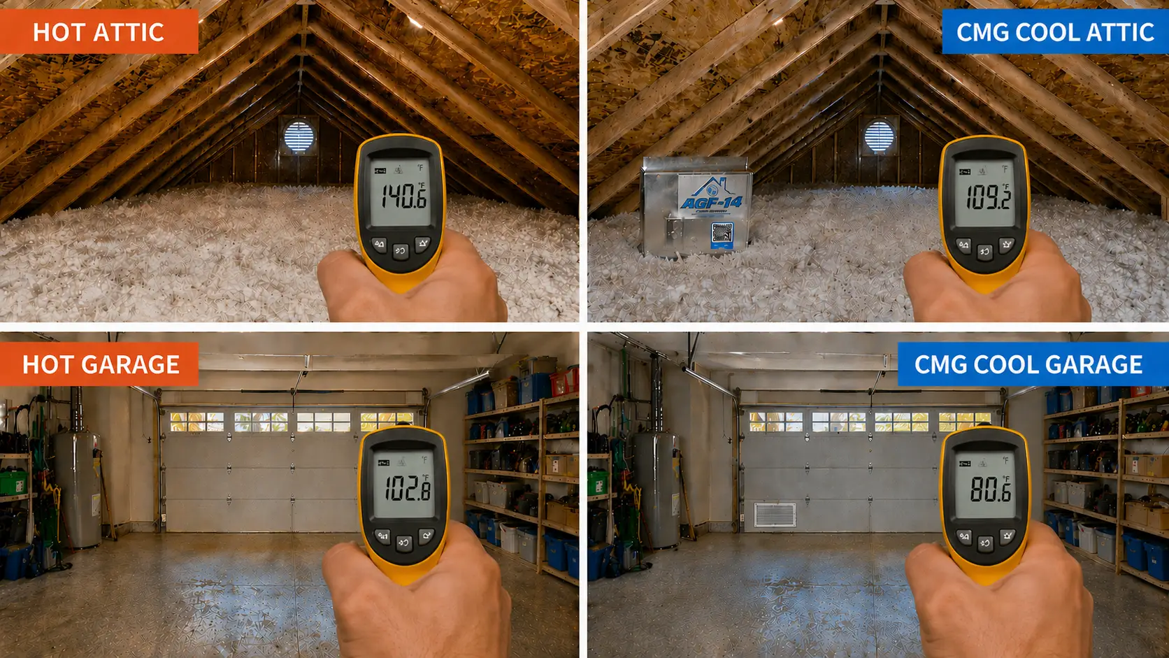 Four-panel temperature comparison showing a hot attic and garage versus a cooled attic and garage using the CMG AGF-14 ventilation system. Temperature readings show attic heat reduced from 140.6°F to 109.2°F and garage temperatures reduced from 102.8°F to 80.6°F.